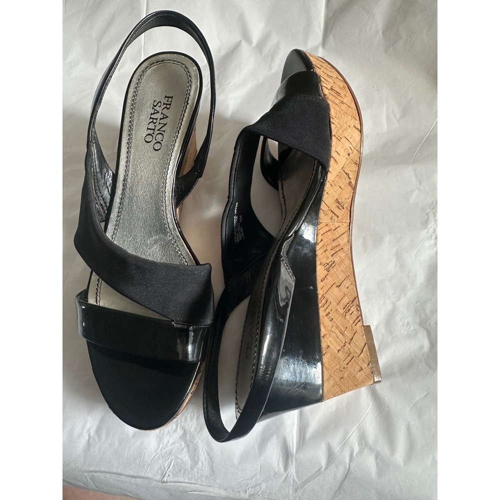 Franco Sarto Blink Black Patent Leather Cork Wedge Slingback Sandals Women 8M - Picture 9 of 9